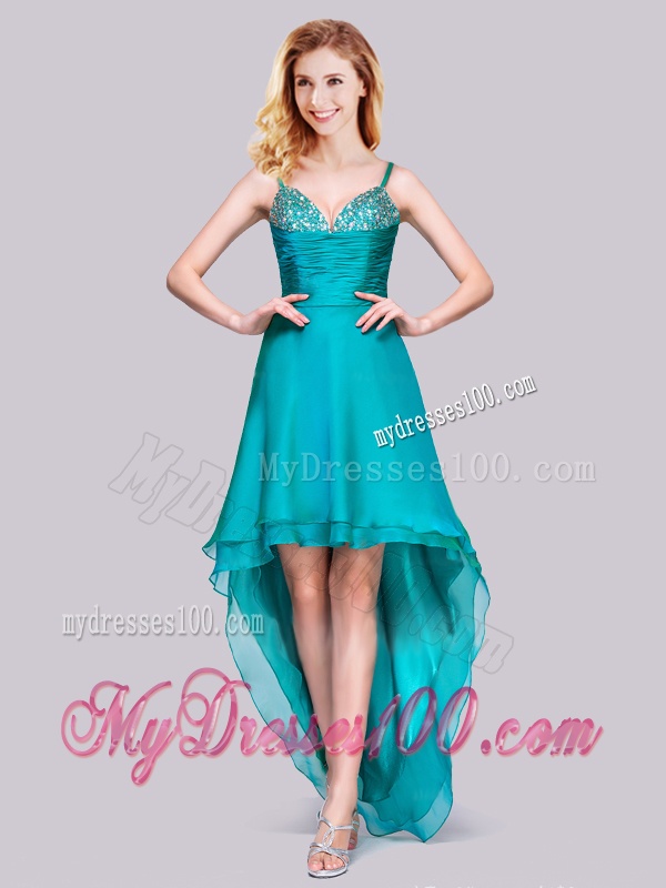 Classical High Low Beaded Bust Side Zipper Evening Dress in Teal