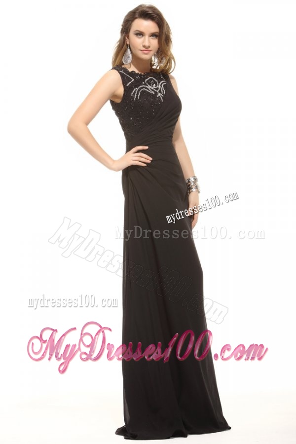 Column Black Bateau Lace Beading and Ruching Evening Dress