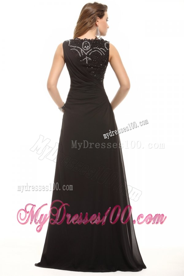 Column Black Bateau Lace Beading and Ruching Evening Dress