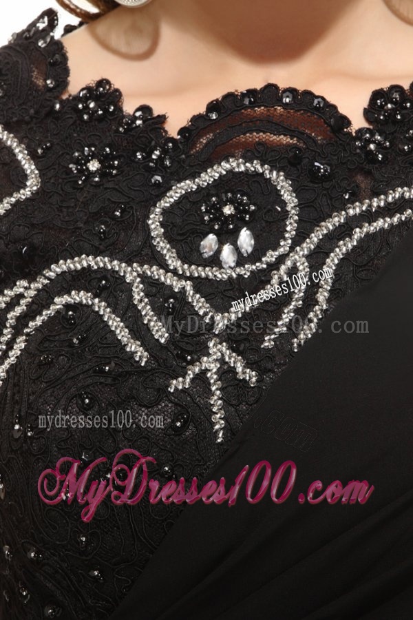 Column Black Bateau Lace Beading and Ruching Evening Dress