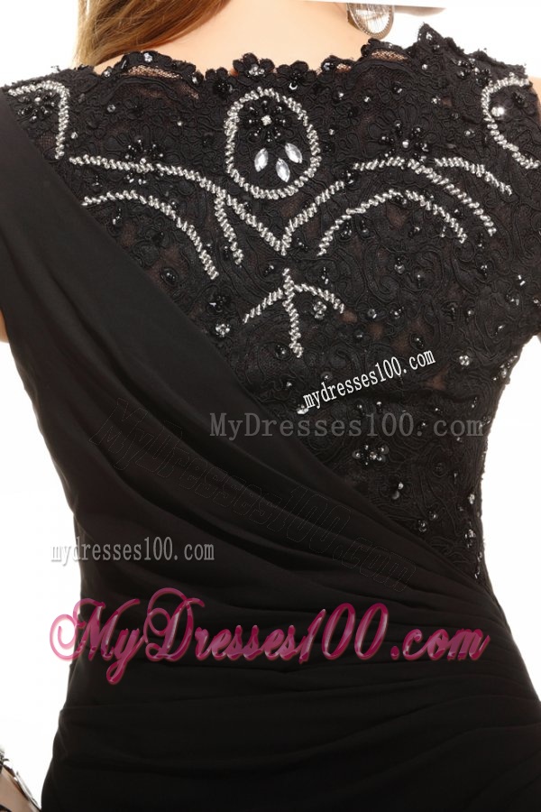 Column Black Bateau Lace Beading and Ruching Evening Dress