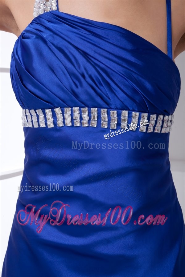 Column Blue Asymmetrical Brush Train Elastic Woven Satin Beading Evening Dress with Backless