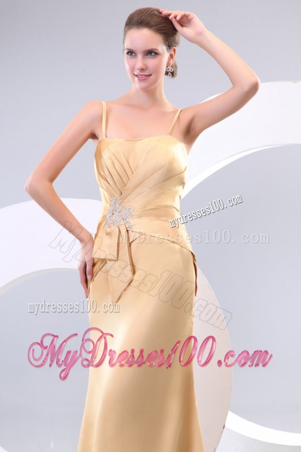 Column Champagne Spaghetti Straps Ruching Appliques Satin Long Evening Dress