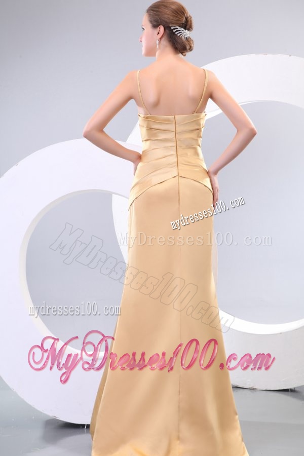 Column Champagne Spaghetti Straps Ruching Appliques Satin Long Evening Dress