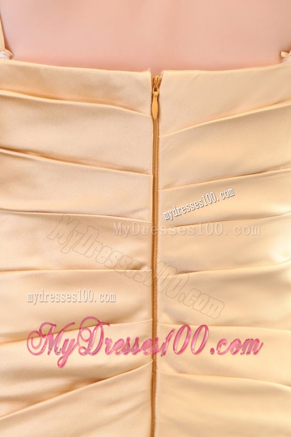 Column Champagne Spaghetti Straps Ruching Appliques Satin Long Evening Dress