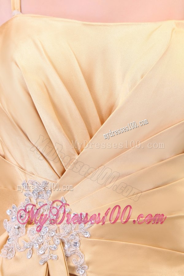 Column Champagne Spaghetti Straps Ruching Appliques Satin Long Evening Dress