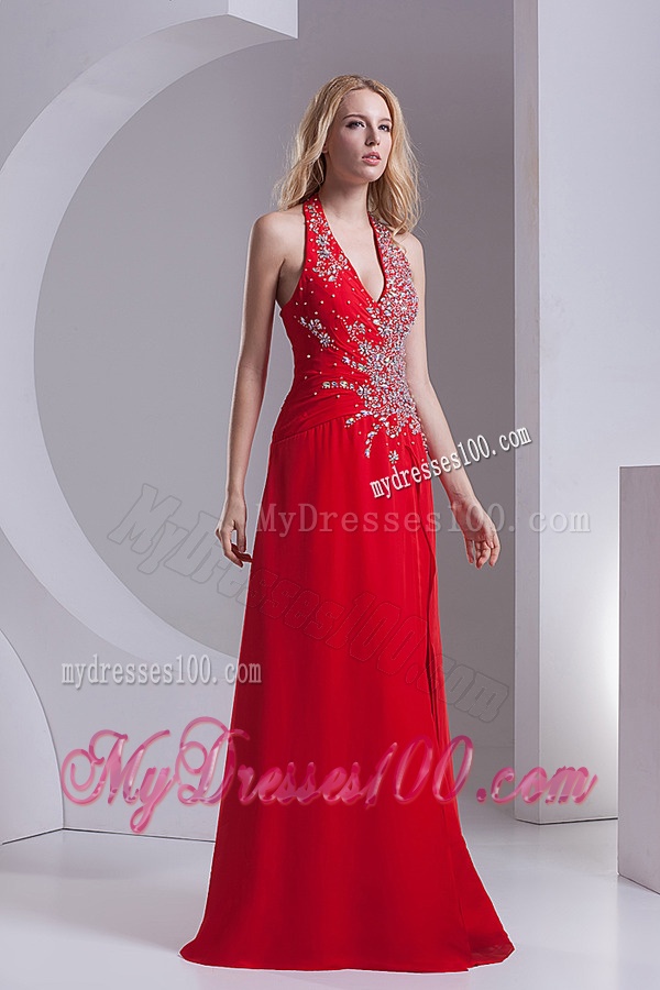 Column Halter Top Chiffon Beading Ruching Red Evening Dress