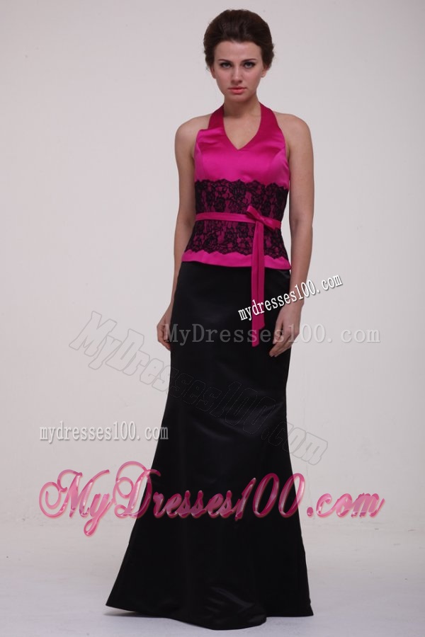 Column Hot Pink and Black Lace Satin Halter Top Evening Dress