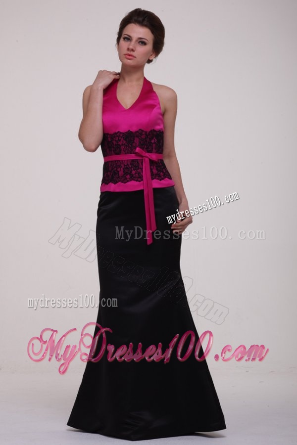 Column Hot Pink and Black Lace Satin Halter Top Evening Dress