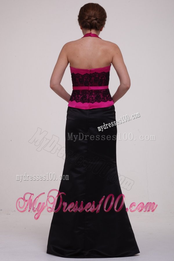Column Hot Pink and Black Lace Satin Halter Top Evening Dress