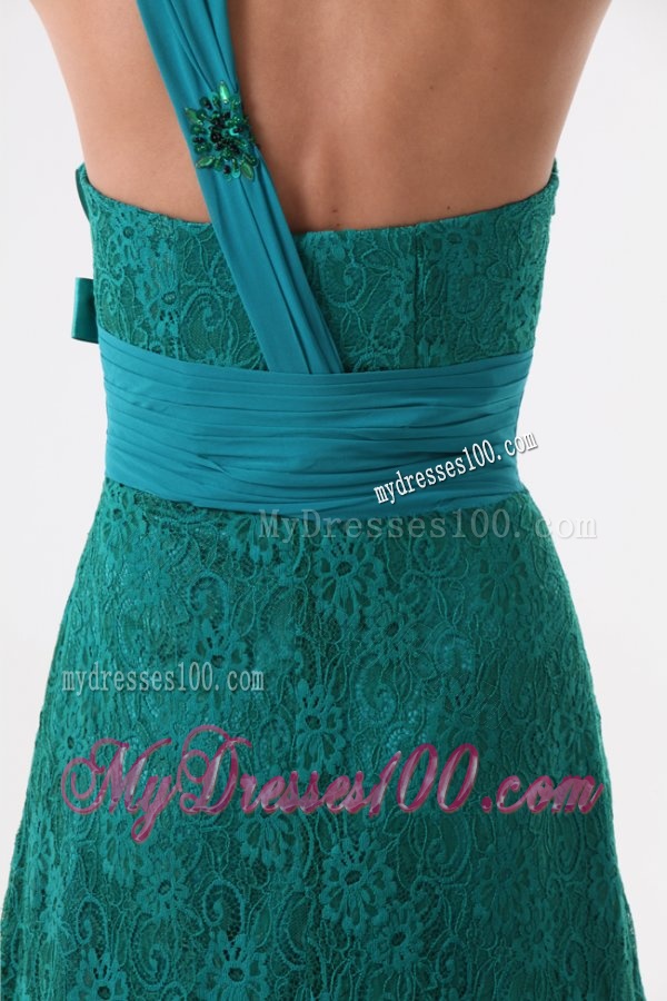 Column One Shoulder Lace Bow Floor-length Turquoise Evening Dress