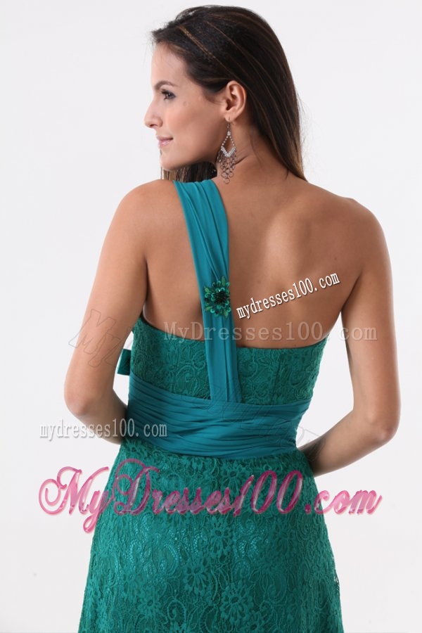 Column One Shoulder Lace Bow Floor-length Turquoise Evening Dress