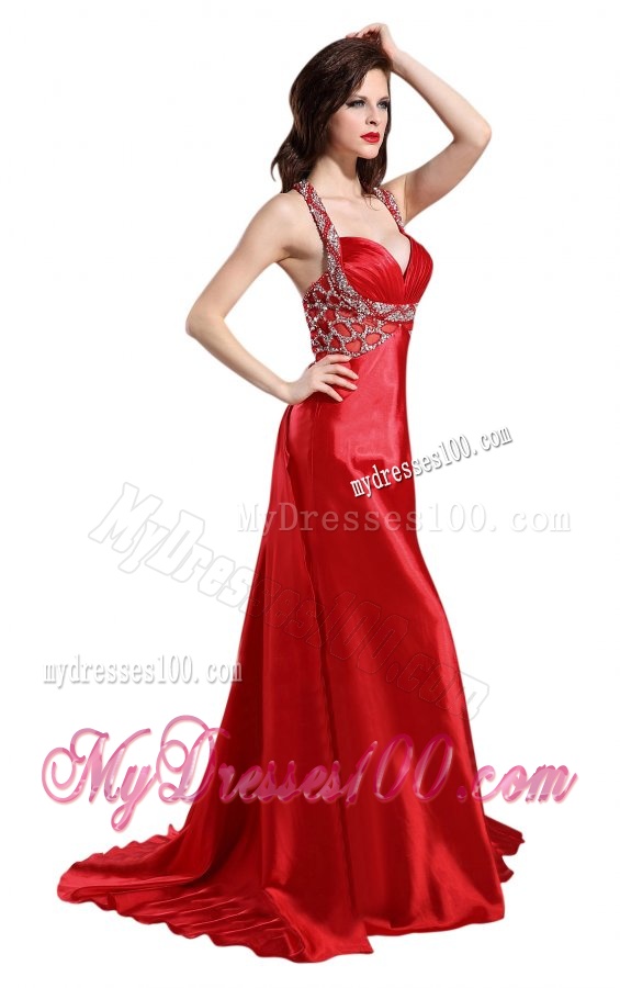 Column Straps Wine Red Beading and Ruching High Slit Evening Dress