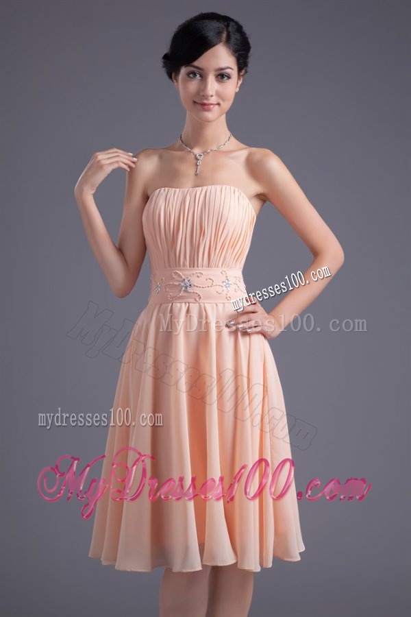 Elegant Empire Strapless V-neck Knee-length Chiffon Peach Evening Dress with Beading