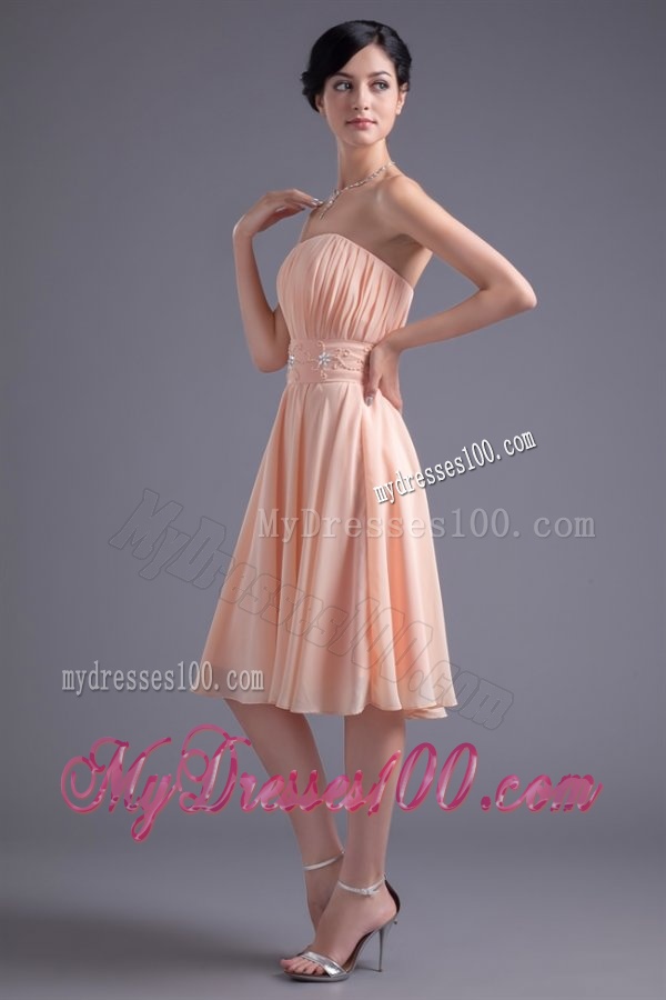 Elegant Empire Strapless V-neck Knee-length Chiffon Peach Evening Dress with Beading