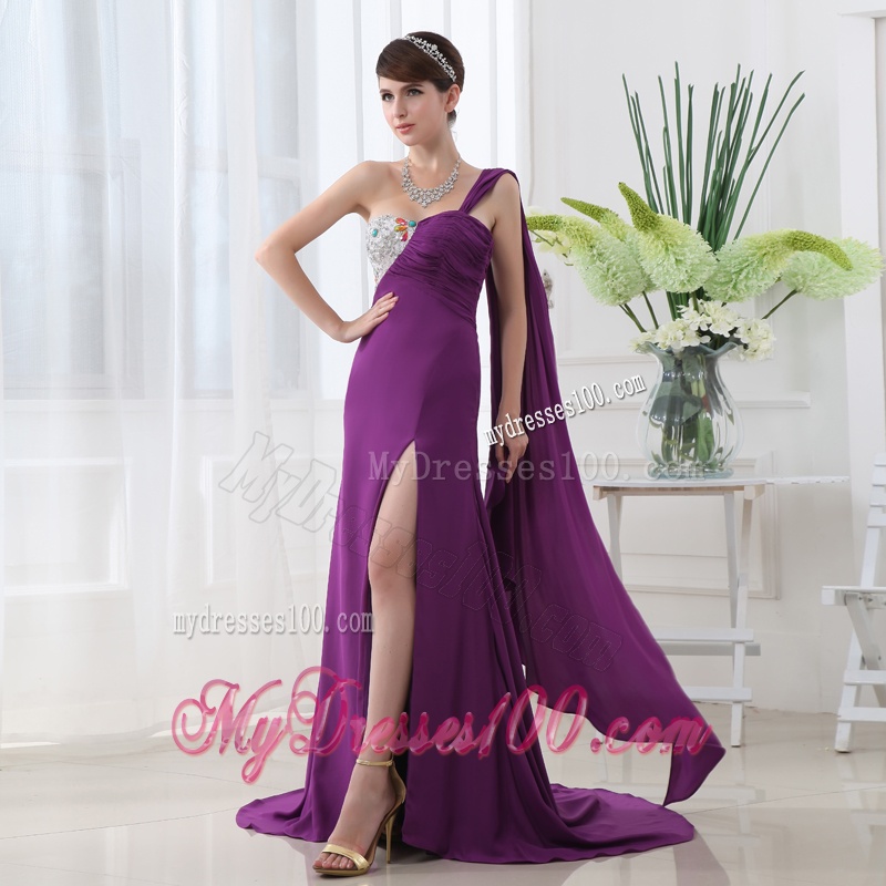 Empire Beading and Ruching Eggplant Purple Evening Dress with Watteau Trian