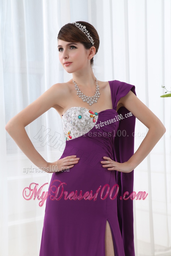Empire Beading and Ruching Eggplant Purple Evening Dress with Watteau Trian