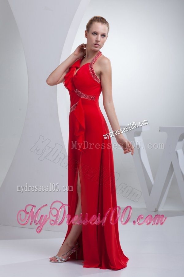 Empire Brush Train Red Beading Halter Chiffon 2016 Evening Dress
