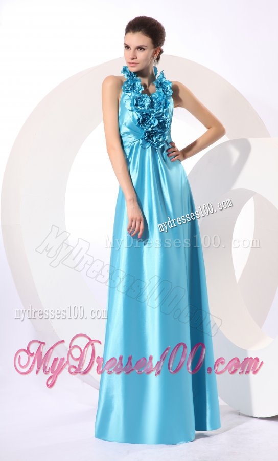 Empire Halter Baby Blue Floor-length Taffeta Hand Made Flowers Popular 2016 Evening Dress