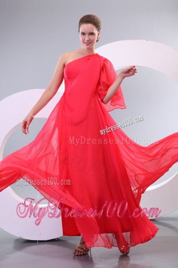 Empire One Shoulder Floor-length 3/4-Length Sleeve Evening Dress in Coral Red