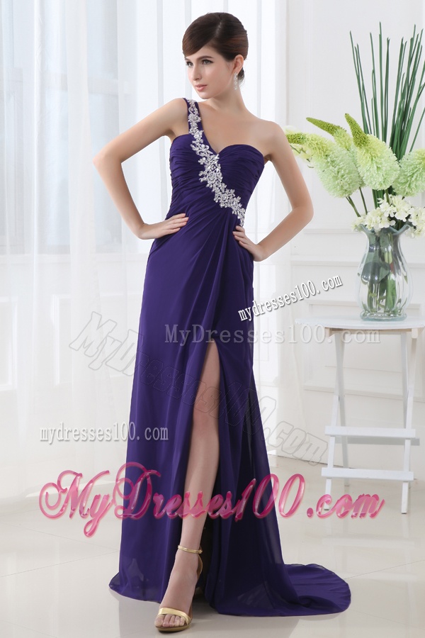 Empire One Shoulder High Spilt Purple Evening Dress with Ruchings and Beading