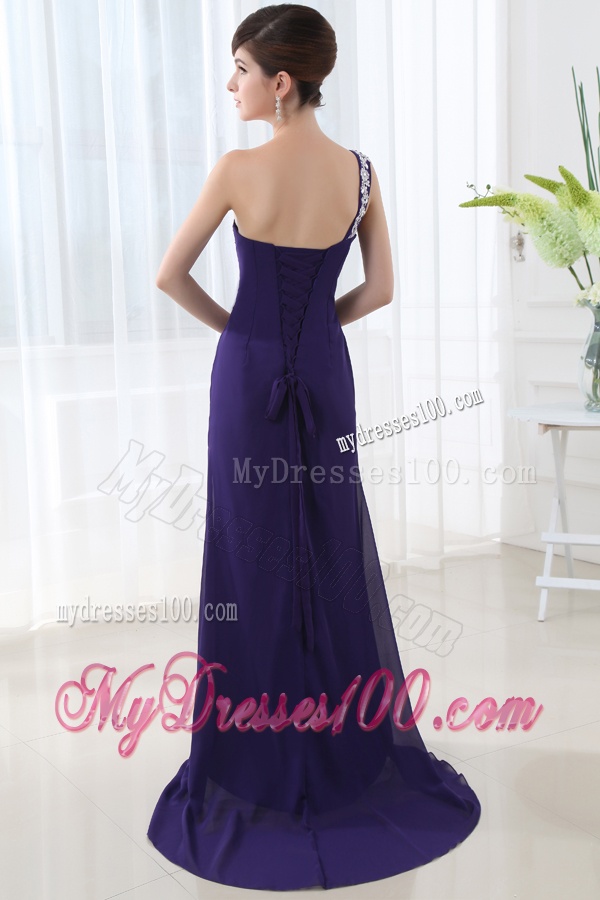 Empire One Shoulder High Spilt Purple Evening Dress with Ruchings and Beading