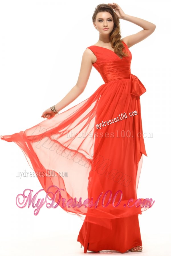 Empire Orange Red V-neck Ruching Chiffon Evening Dress