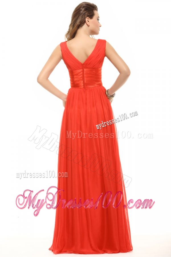 Empire Orange Red V-neck Ruching Chiffon Evening Dress