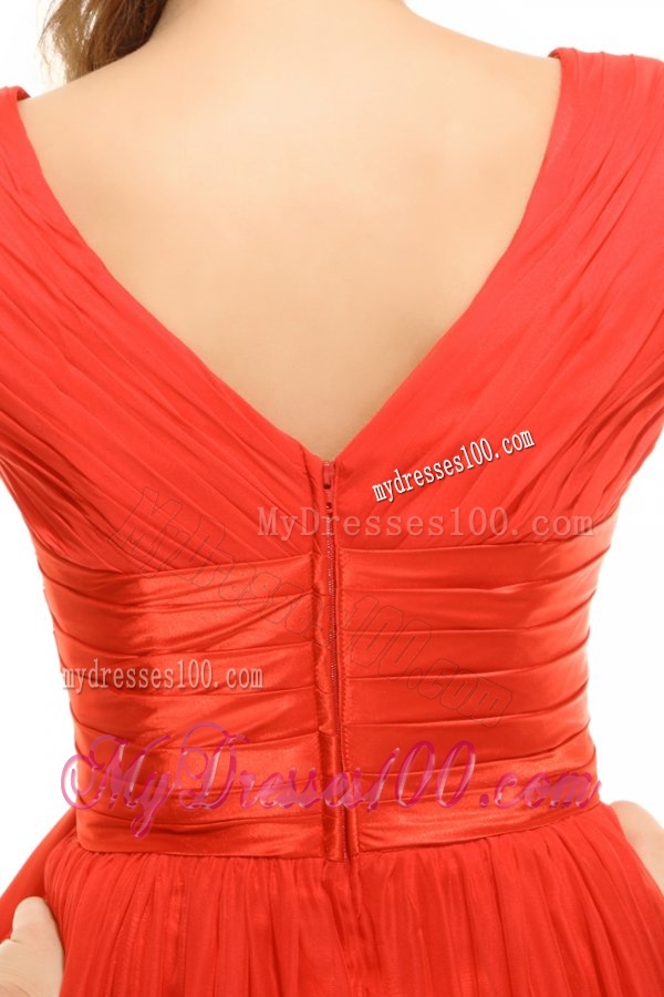 Empire Orange Red V-neck Ruching Chiffon Evening Dress
