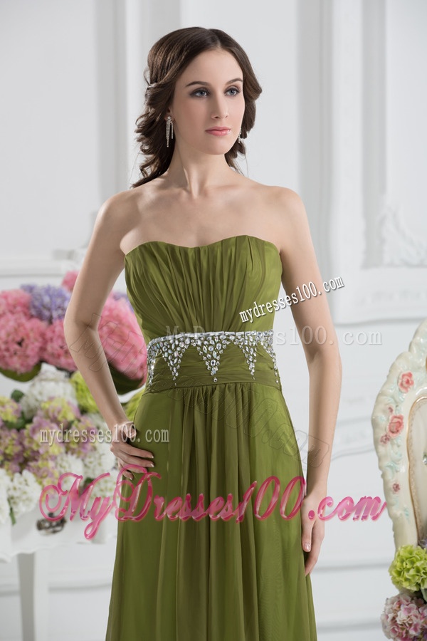 Empire Strapless Chiffon Beading Ruching Olive Green Evening Dress