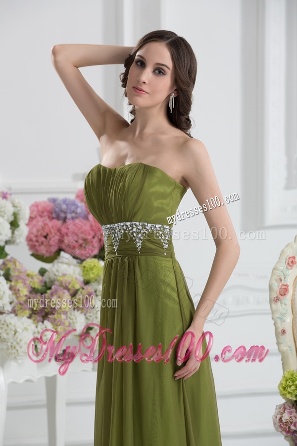 Empire Strapless Chiffon Beading Ruching Olive Green Evening Dress
