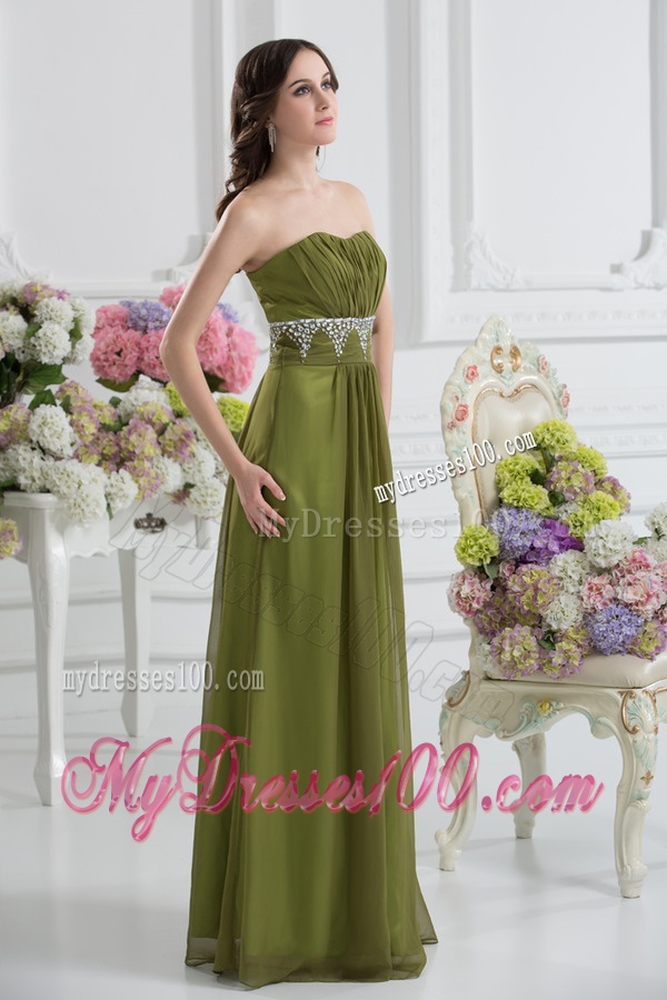 Empire Strapless Chiffon Beading Ruching Olive Green Evening Dress