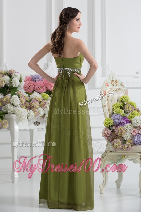 Empire Strapless Chiffon Beading Ruching Olive Green Evening Dress