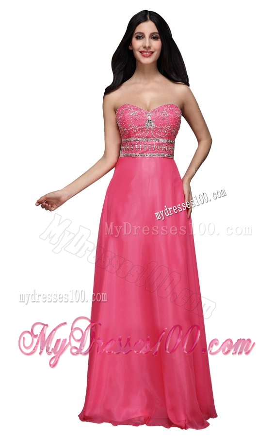 Empire Sweetheart Chiffon Hot Pink Beading and Ruching Evening Dress