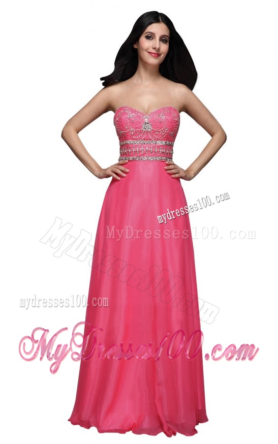 Empire Sweetheart Chiffon Hot Pink Beading and Ruching Evening Dress