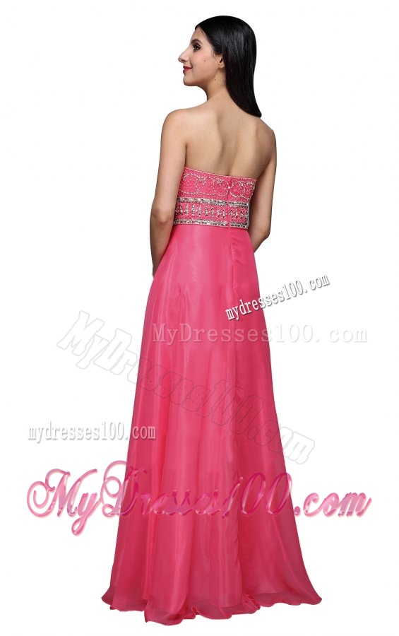 Empire Sweetheart Chiffon Hot Pink Beading and Ruching Evening Dress