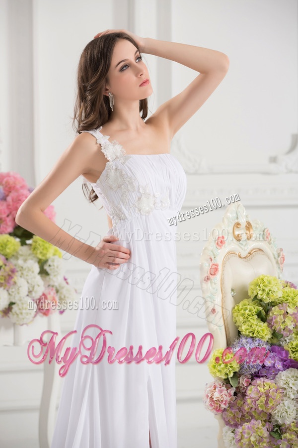 Empire White One Shoulder High Slit Brush Train Chiffon Evening Dress