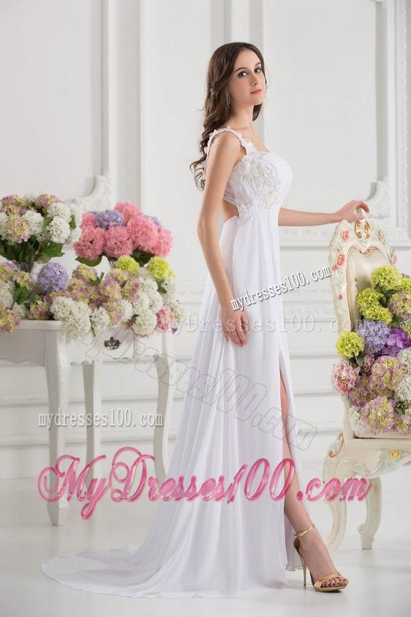 Empire White One Shoulder High Slit Brush Train Chiffon Evening Dress