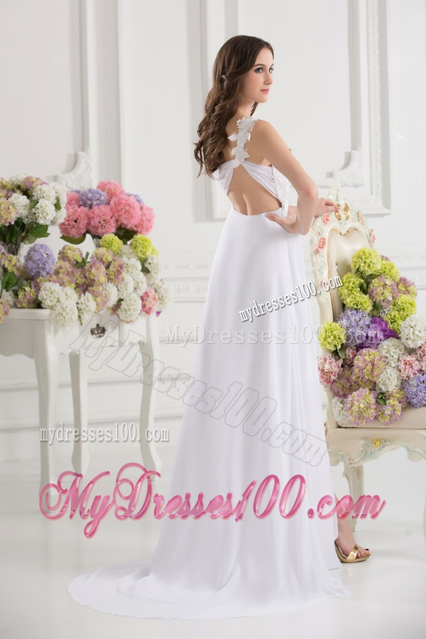 Empire White One Shoulder High Slit Brush Train Chiffon Evening Dress