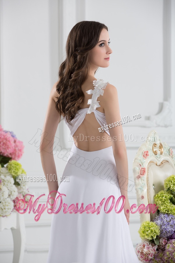 Empire White One Shoulder High Slit Brush Train Chiffon Evening Dress