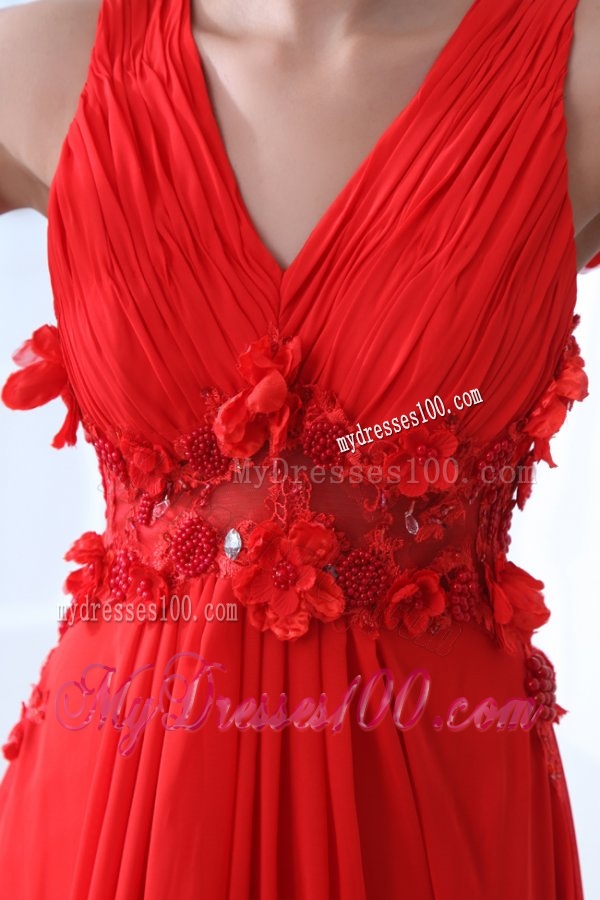 Empire Wine Red V-neck Ruching Appliques Floor-length Evening Dress
