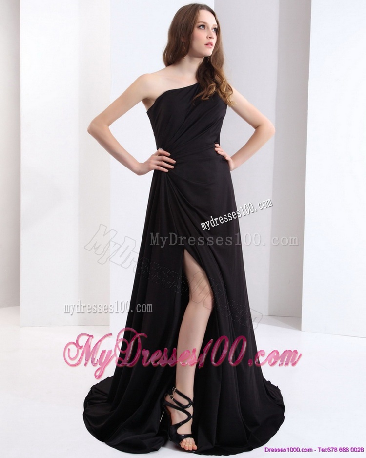 Exclusive 2016 One Shoulder Black Evening Dress with Ruching and High Slit