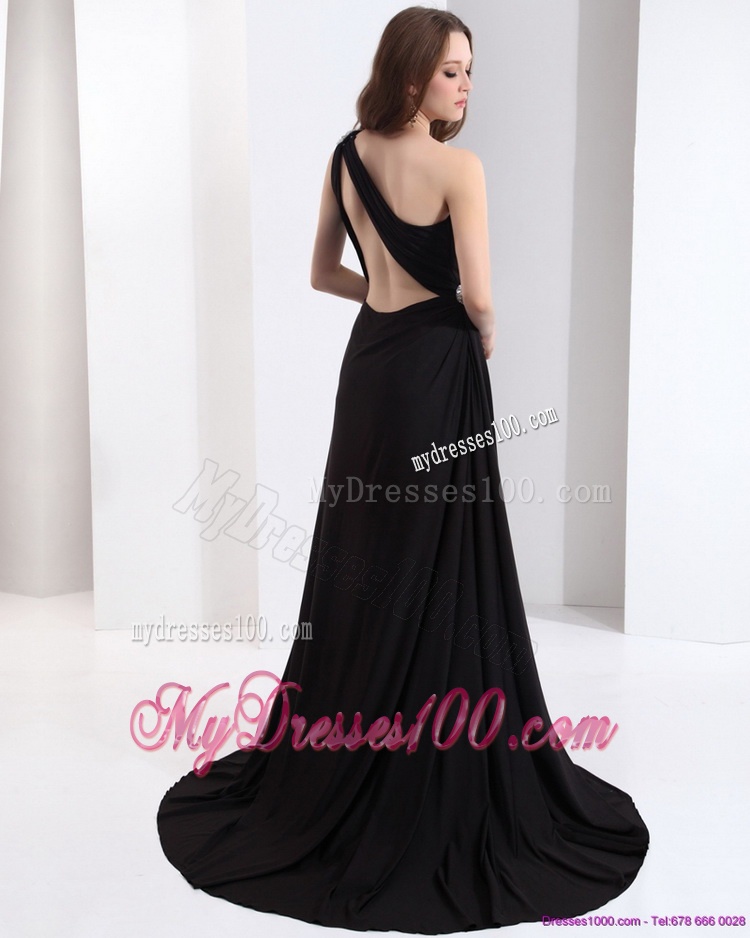 Exclusive 2016 One Shoulder Black Evening Dress with Ruching and High Slit