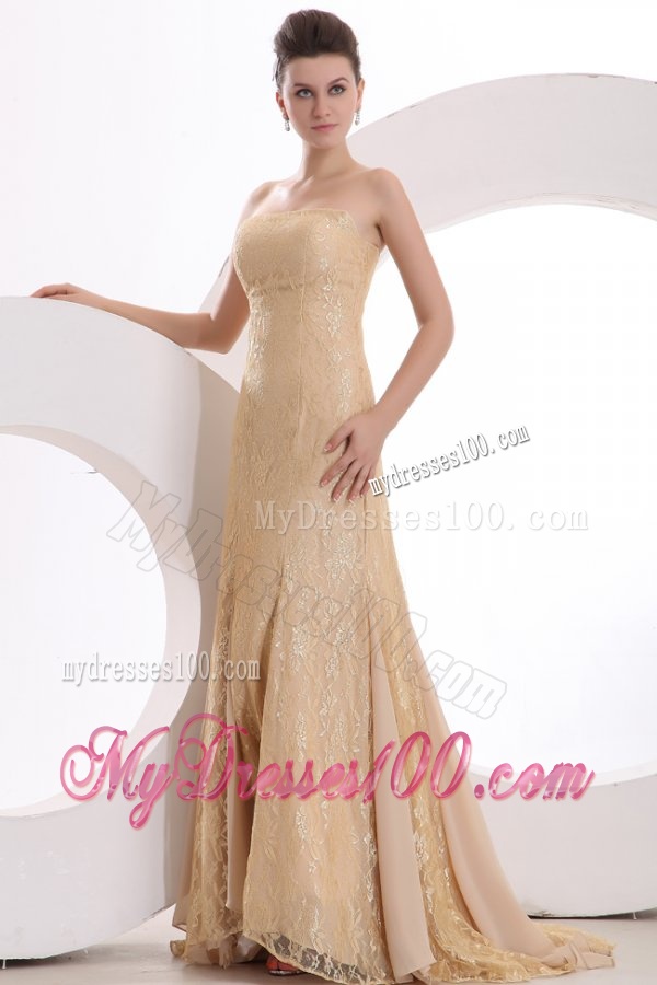 Informal Column Strapless Brush Train Lace Champagne Evening Dress