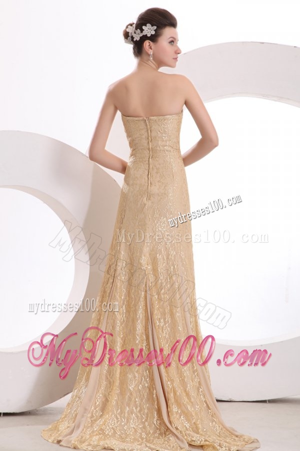 Informal Column Strapless Brush Train Lace Champagne Evening Dress