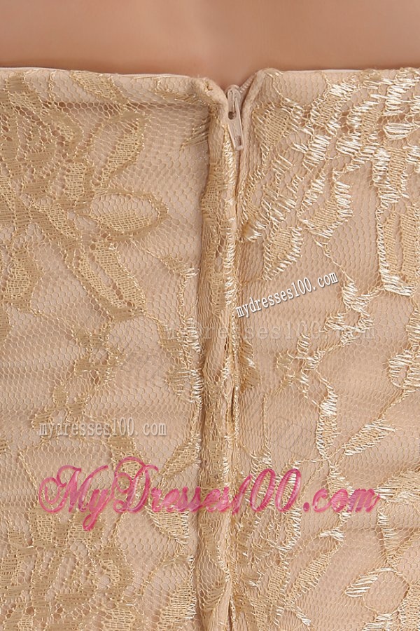 Informal Column Strapless Brush Train Lace Champagne Evening Dress