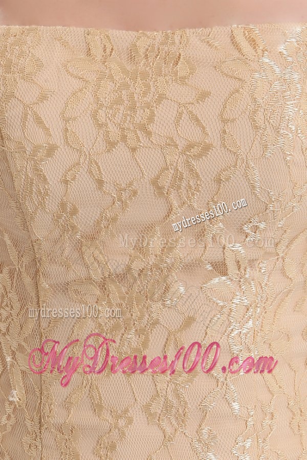 Informal Column Strapless Brush Train Lace Champagne Evening Dress
