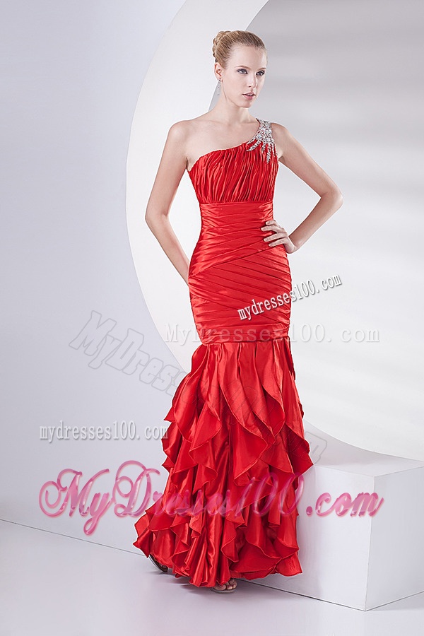 Mermaid Wine Red One Shoulder Beading Ruching Ruffles Long Evening Dress