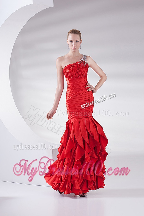 Mermaid Wine Red One Shoulder Beading Ruching Ruffles Long Evening Dress