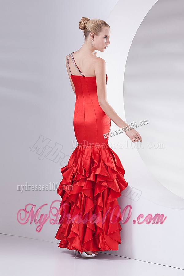 Mermaid Wine Red One Shoulder Beading Ruching Ruffles Long Evening Dress